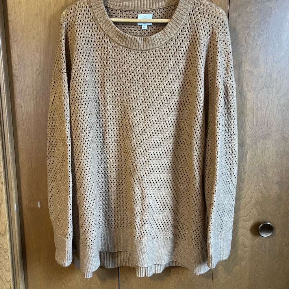 aerie offline women’s Open-Knit Crewneck Sweater in Light Brown